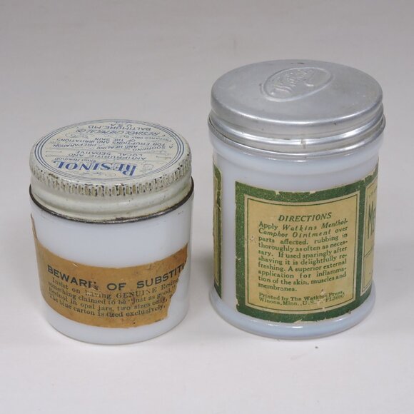 Vintage Watkins & Resinol Milk Glass Jars - Decor - Display - Empty No Contents - Picture 2 of 11